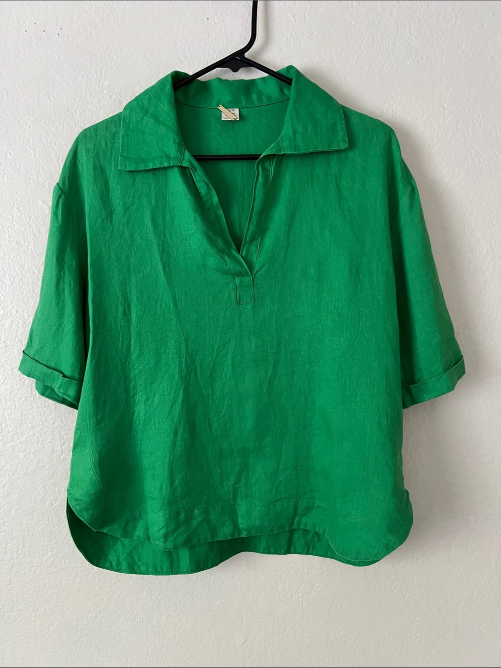 EUC MAGASCHONI 100% Linen Collared V-Neck Top Emerald Green Size XS